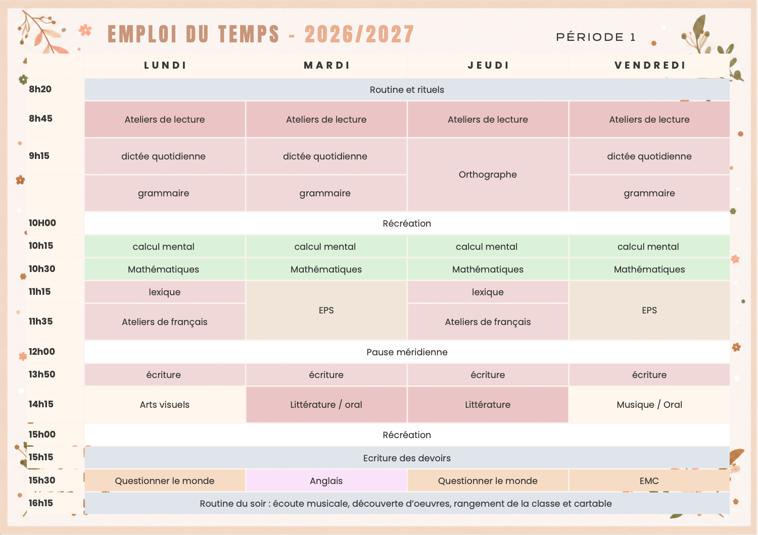 Mon emploi du temps CE1, CE2 et CE1/CE2 2026/2027 à télécharger