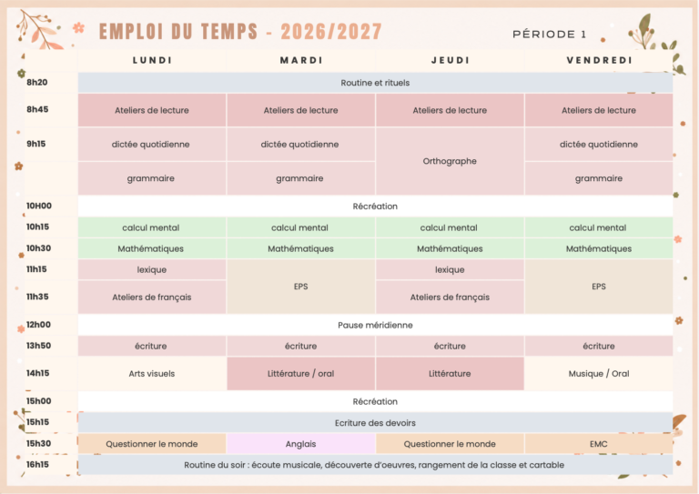 Mon emploi du temps CE1, CE2 et CE1/CE2 2026/2027 à télécharger